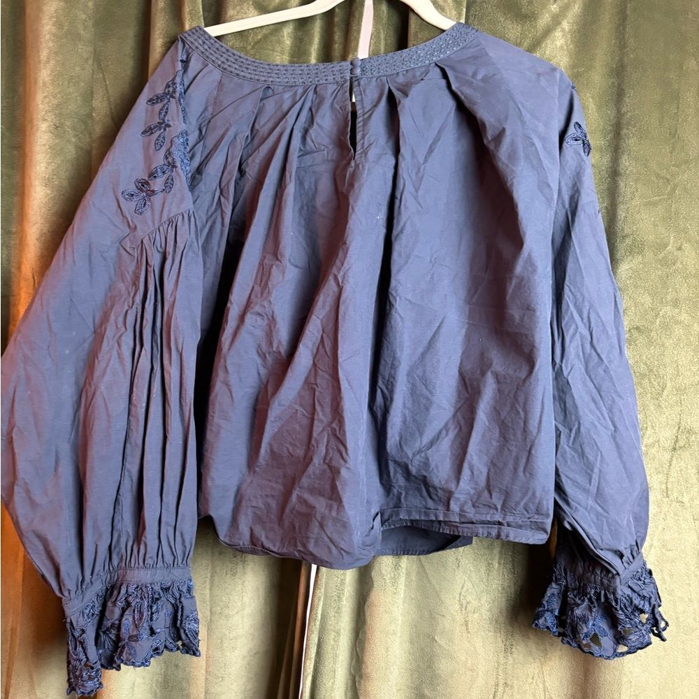 Free People Wishing Well Blouse Navy Blue Embroidered Cut Out Blouse - Picture 6 of 7